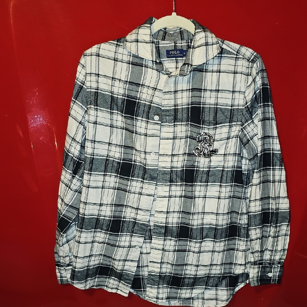 VINTAGE Polo by Ralph Lauren SHIRT Black White Plaid Men Bullion Rhinestone